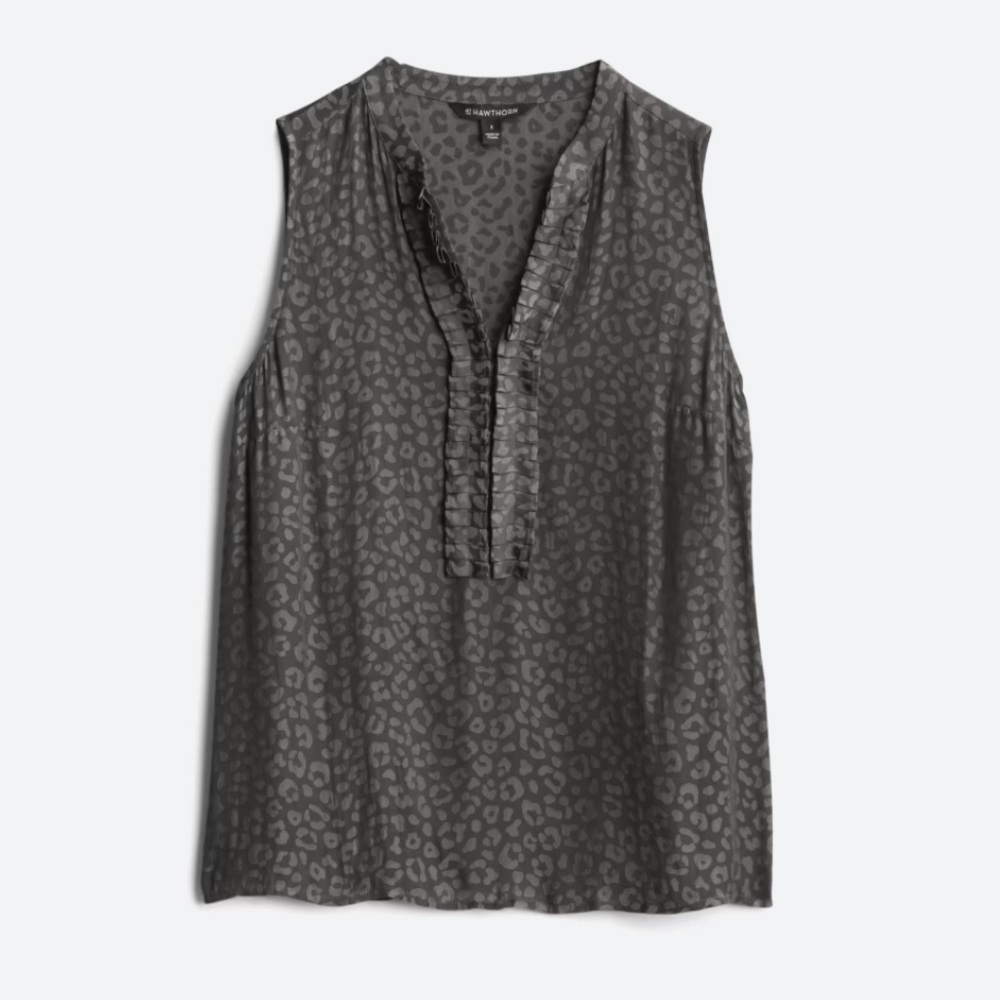 41 Hawthorn Malri Pin-tuck Ruffle Print Sleeveless Blouse Grey Leopard Med